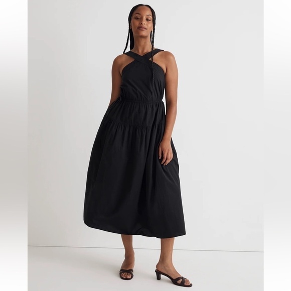 NWT Madewell Poplin Halter Tiered Midi Dress Black Size 2 - Picture 1 of 16